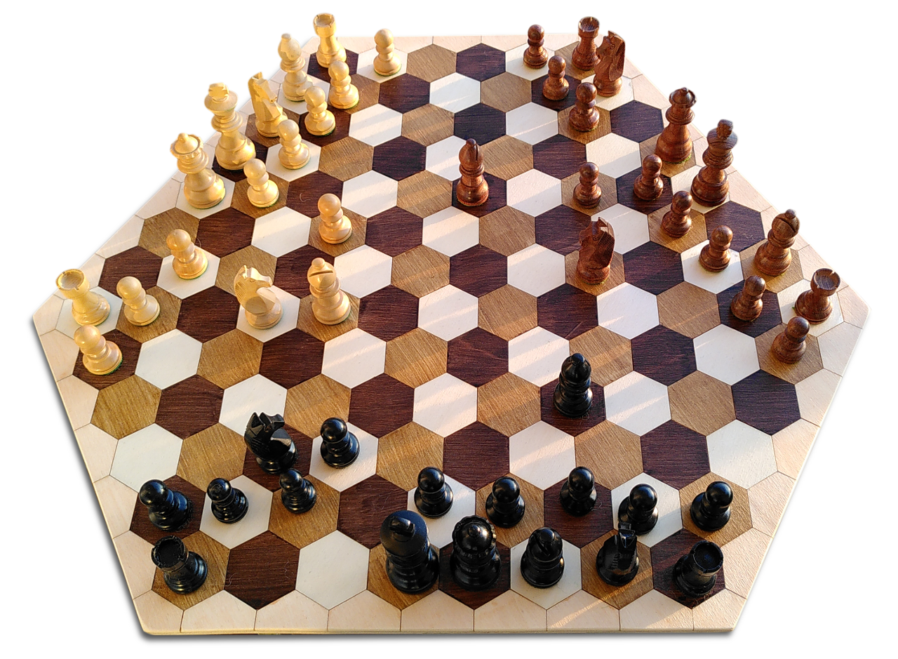 Wooden Dreierschach game board in play